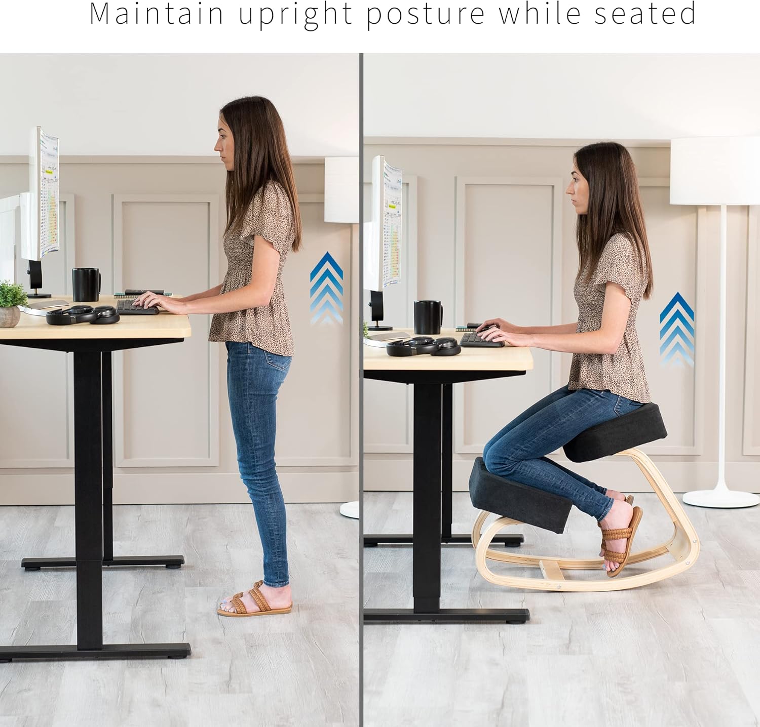 VIVO Wooden Rocking Kneeling Chair, Ergonomic Home Office Stool Posture Seat, Thick Black Cushions, Light Wood Frame, CHAIR-K04R