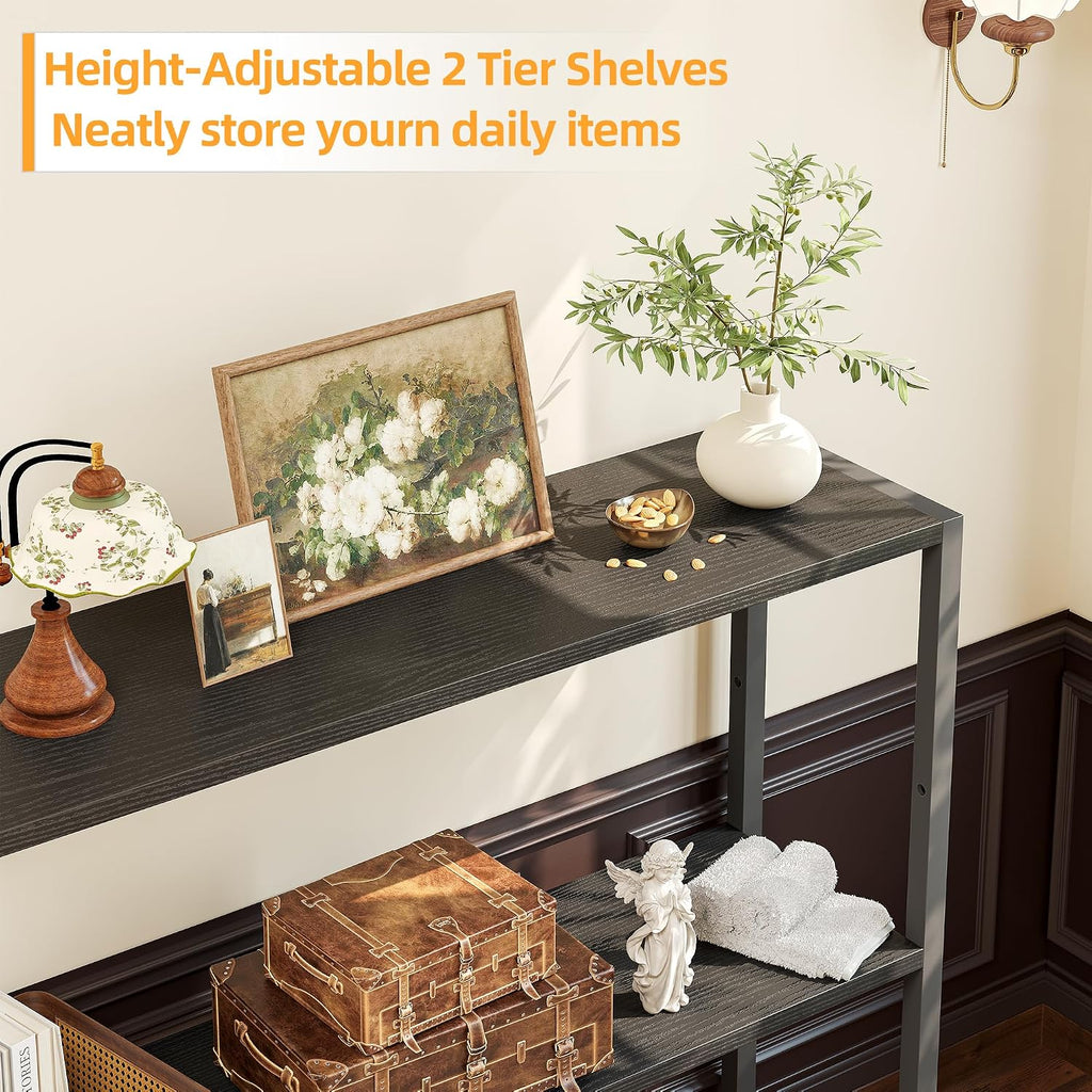 TIQLAB Small Entryway Table, 29.5" Narrow Console Table with Shelves, Sofa Table, Couch Table, Side Table, Entry Table for Hallway, Living Room, Small Space, Black