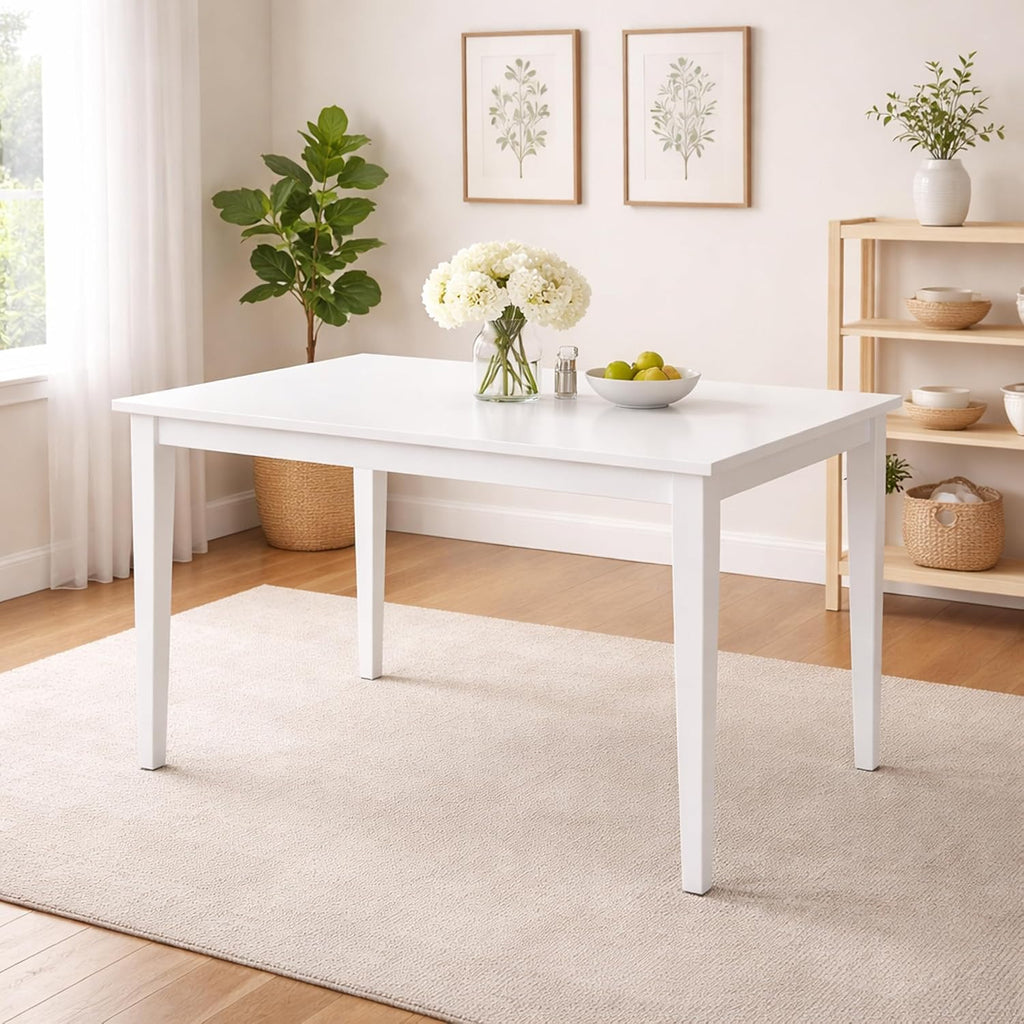 Modern 59 Inch Rectangular Dining Table, White Finish Solid Rubberwood