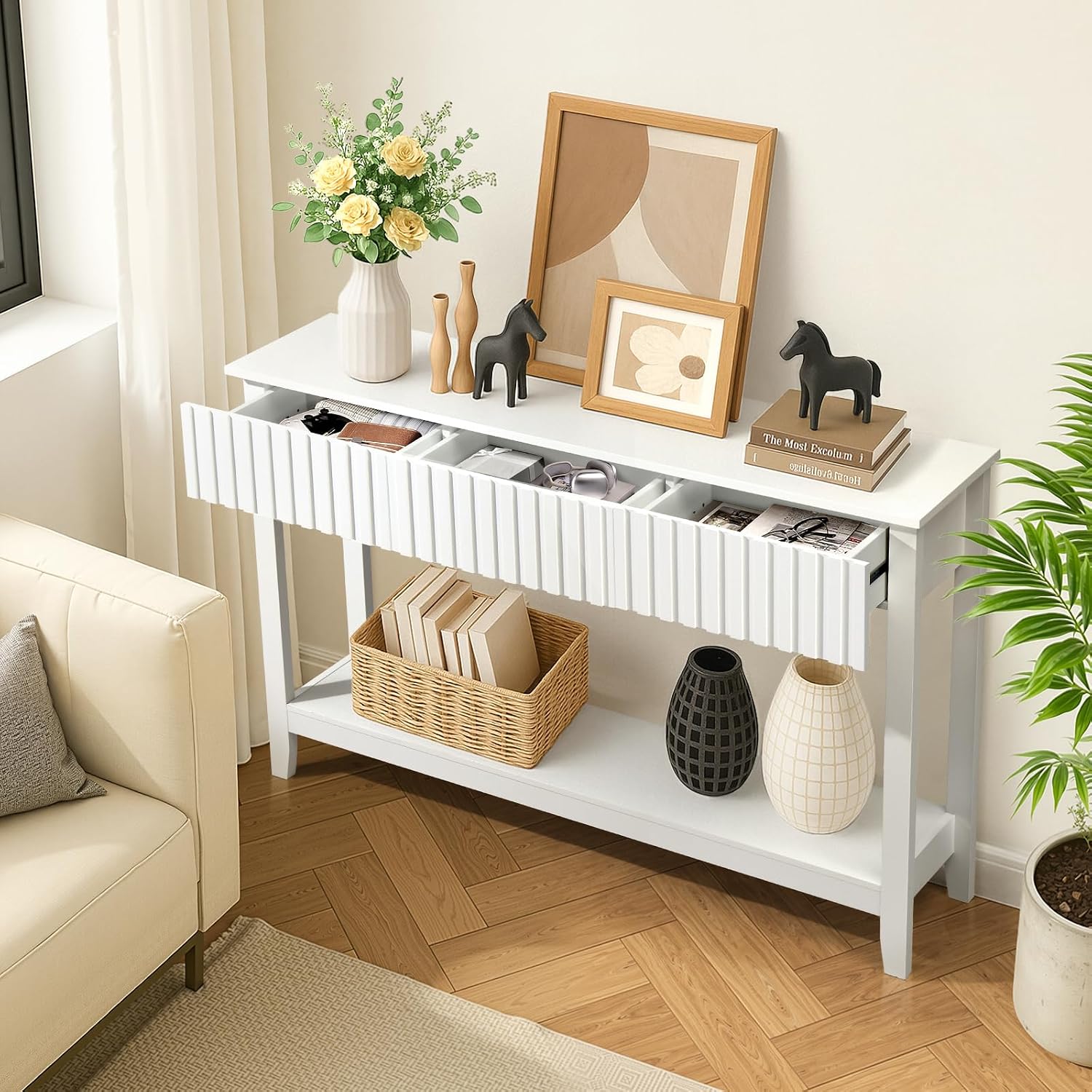 Karl home 51" White Console Table with 3 Fluted Drawers, Modern Sofa Table with Open Storage Shelf for Living Room, Foyer Hallway