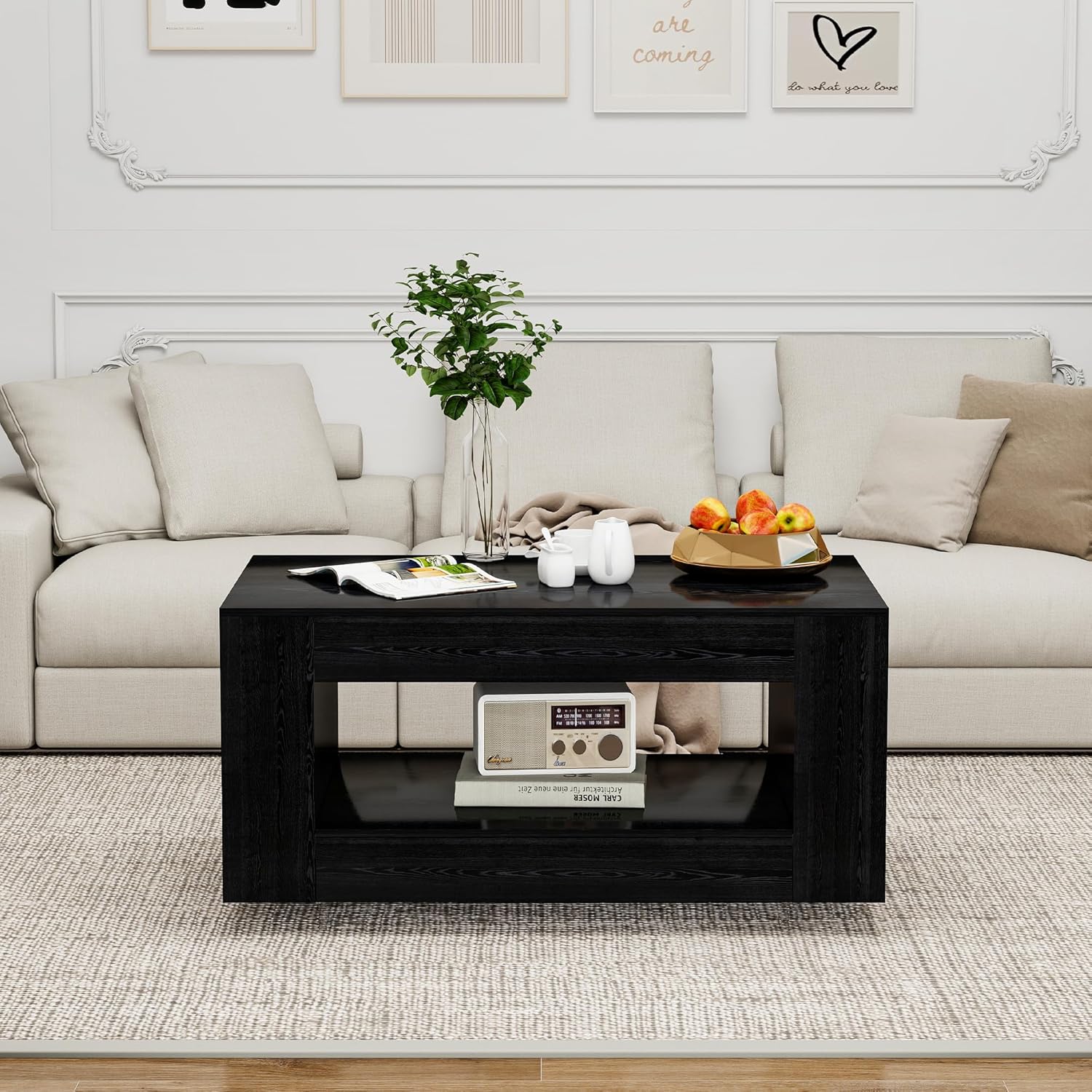 Coffee Table with Storage, 39" Small Center Table with Transparent Legs and Sides Storage, Minimalist Modern 2-Tier Coffee Tables for Living Room, Home Office, Apartment, Black Wood Grain