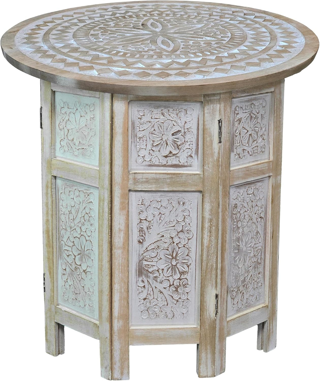 Benzara Accent Side Table, 18 Inch Round Mango Wood Top, Hand Carved Mandala Design, Natural Brown Finish, Rustic Accent End Table for Living Room, Bedroom, Entryway and Home Decor Display