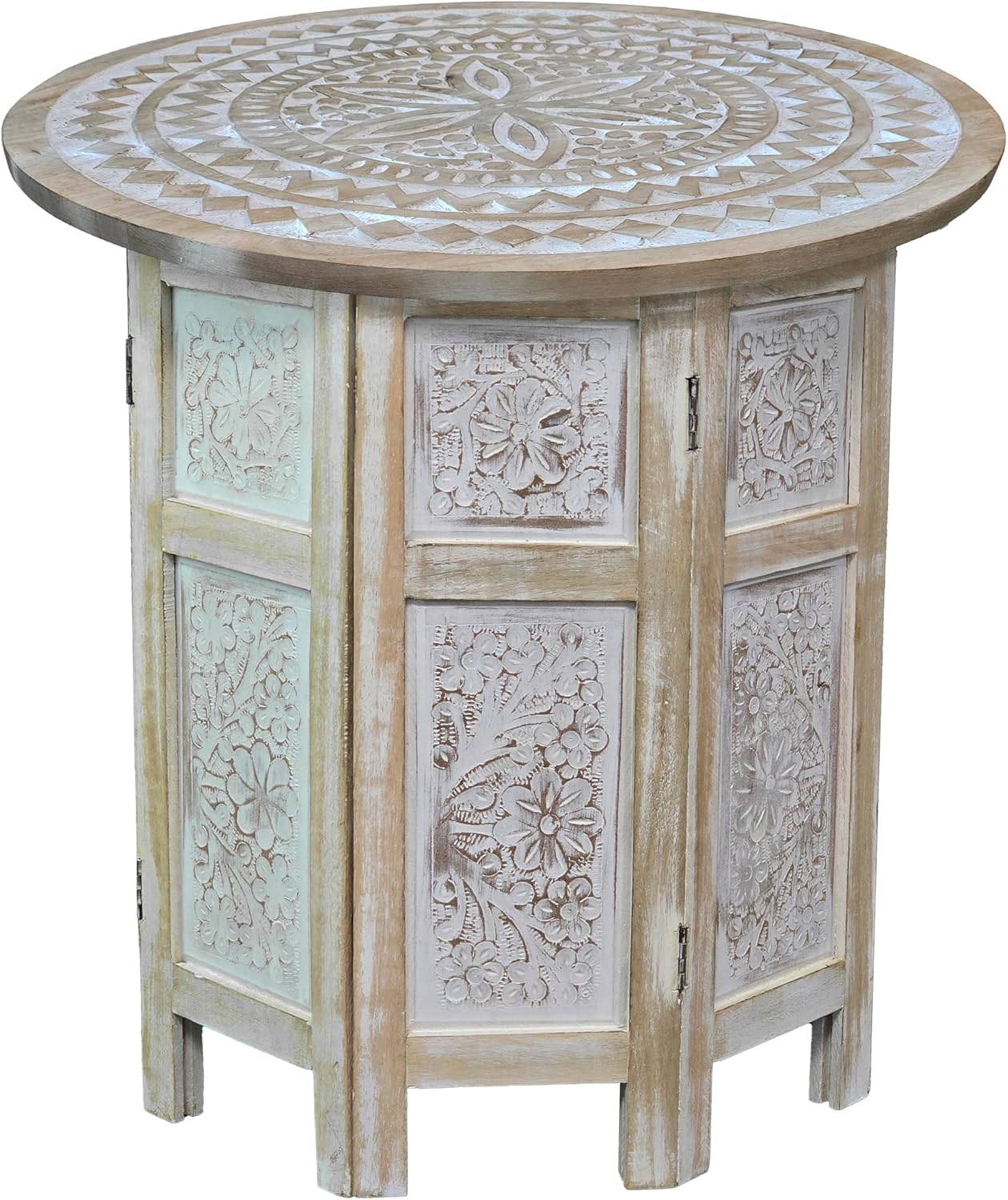 Benzara Accent Side Table, 18 Inch Round Mango Wood Top, Hand Carved Mandala Design, Natural Brown Finish, Rustic Accent End Table for Living Room, Bedroom, Entryway and Home Decor Display