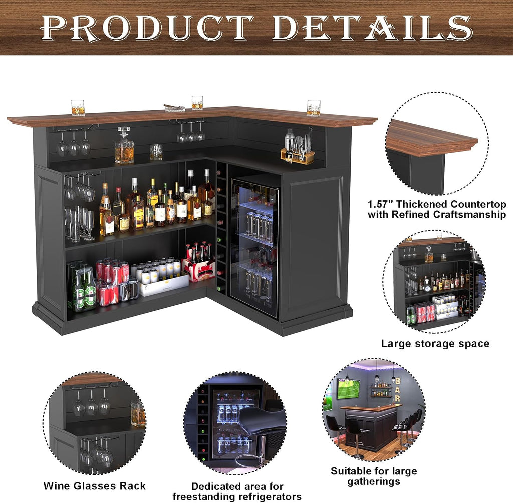 GDLF L-Shaped Home Bar Cabinet with Fridge Space, Oversized Basement Bar | Basement & Man Cave Bar, Seats 5+ Guests, Premium Wood-Grain Finish, Sculpted Edge Details, Fridge Space & Wine Storage