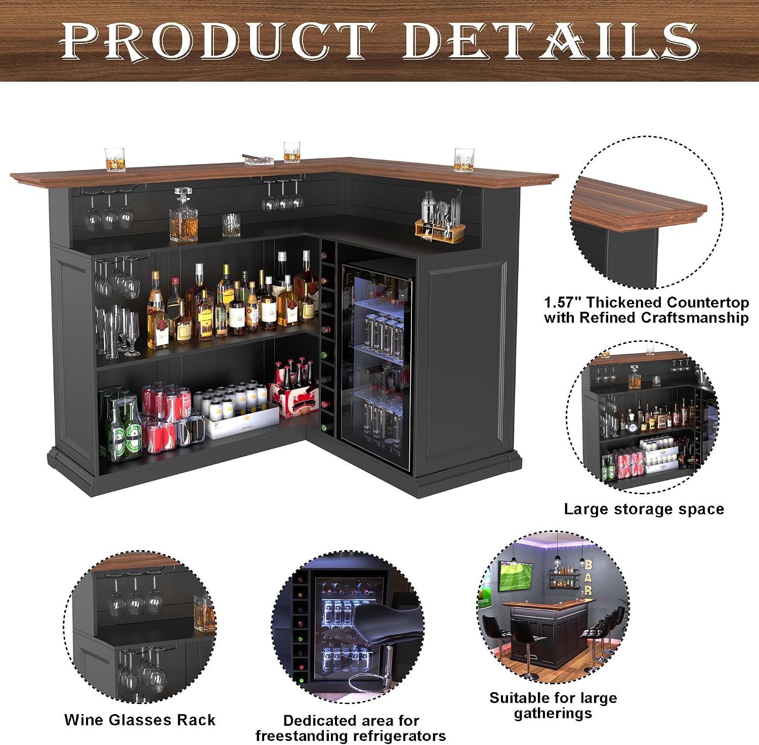 GDLF L-Shaped Home Bar Cabinet with Fridge Space, Oversized Basement Bar | Basement & Man Cave Bar, Seats 5+ Guests, Premium Wood-Grain Finish, Sculpted Edge Details, Fridge Space & Wine Storage