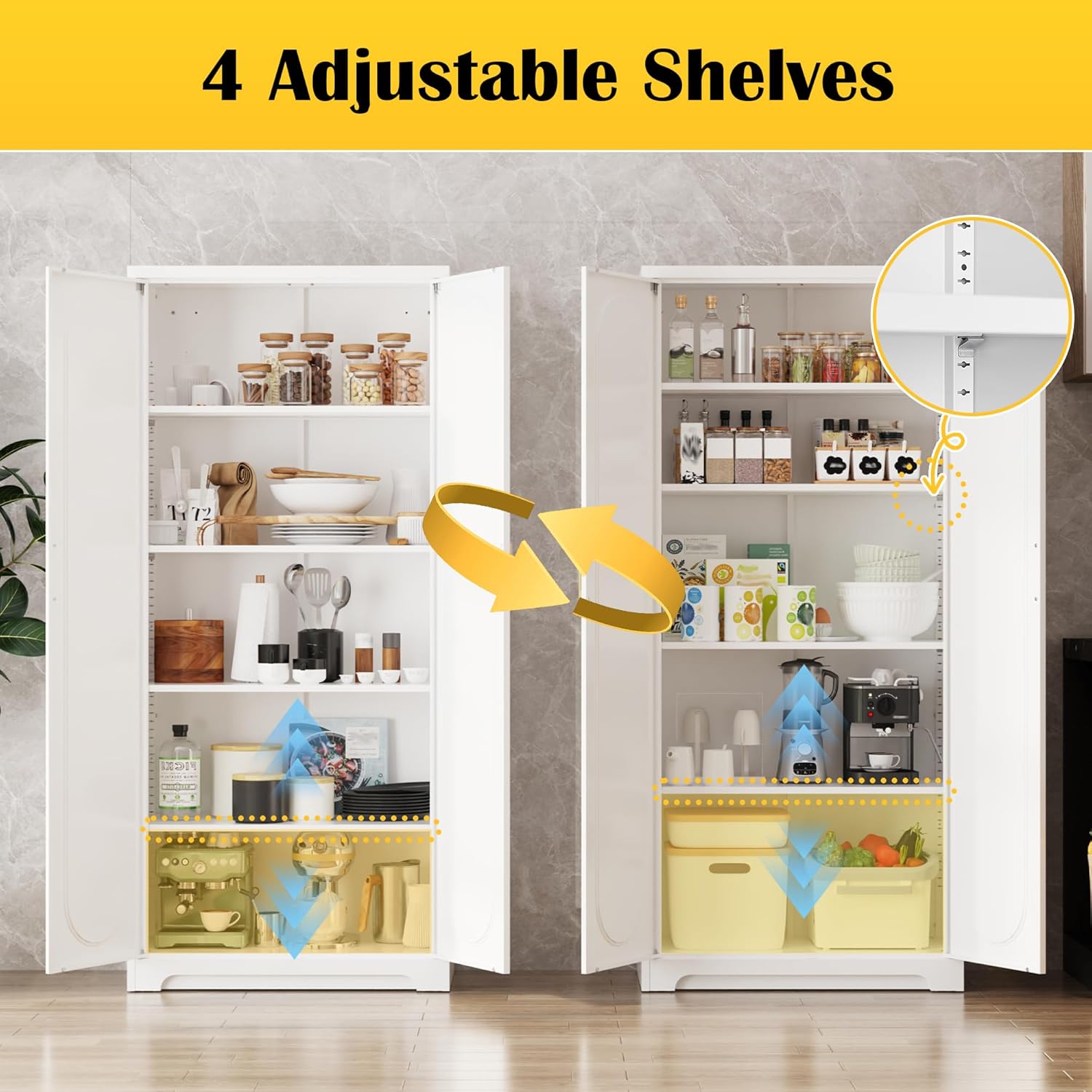 SteeLoong Kitchen Pantry Cabinet,71”Metal White Storage Cabinet with Doors and Shelves,Tall Cabinet with 2 Gold Hands for Dinning Room,Living Room