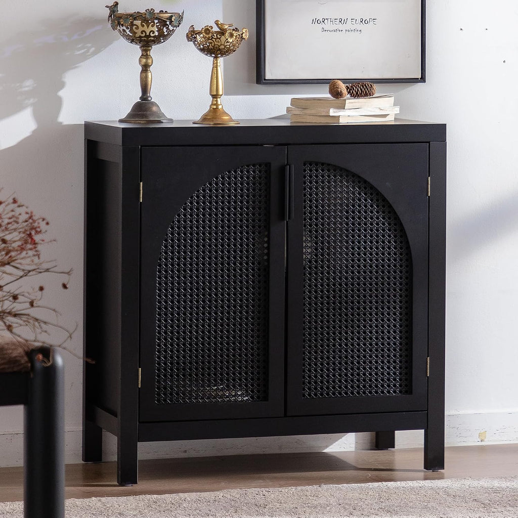 Black 28.94“W Buffet Cabinet with Storage, Accent Sideboard with Rattan Doors, Coffee Bar Table Credenza, Console Table with Adjustable Shelves for Dining Room, Kitchen and Hallway