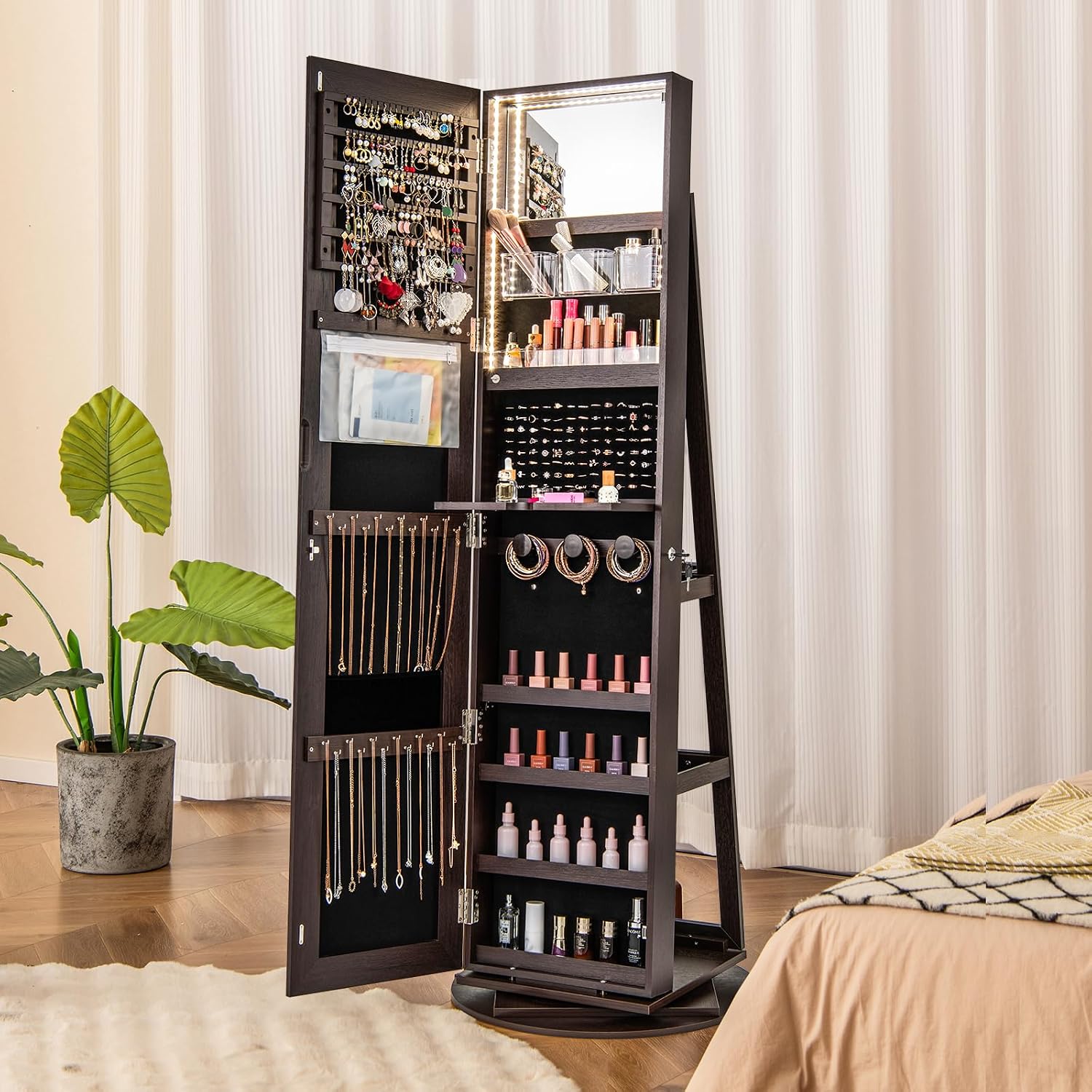 CHARMAID 360° Swivel Jewelry Armoire with Full Length Mirror, Rear Storage Shelves, Lockable Standing Jewelry Cabinet Organizer with Interior Vanity Mirror and 3-Color Lights (Espresso)