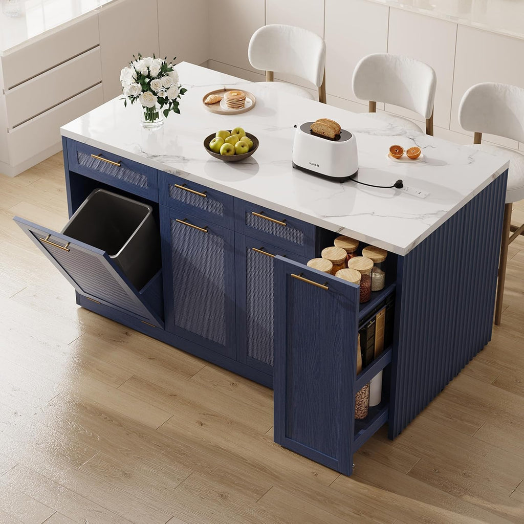 LIKIMIO 59" Kitchen Island with Power Outlet & Hidden Trash can Storage, Faux Marble Island Table with Seating Area, 3-Tier Spice Rack, 3 Drawers, 2-Tier Cabinet, Rolling Kitchen Cart on Wheels, Blue