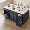 LIKIMIO 59" Kitchen Island with Power Outlet & Hidden Trash can Storage, Faux Marble Island Table with Seating Area, 3-Tier Spice Rack, 3 Drawers, 2-Tier Cabinet, Rolling Kitchen Cart on Wheels, Blue