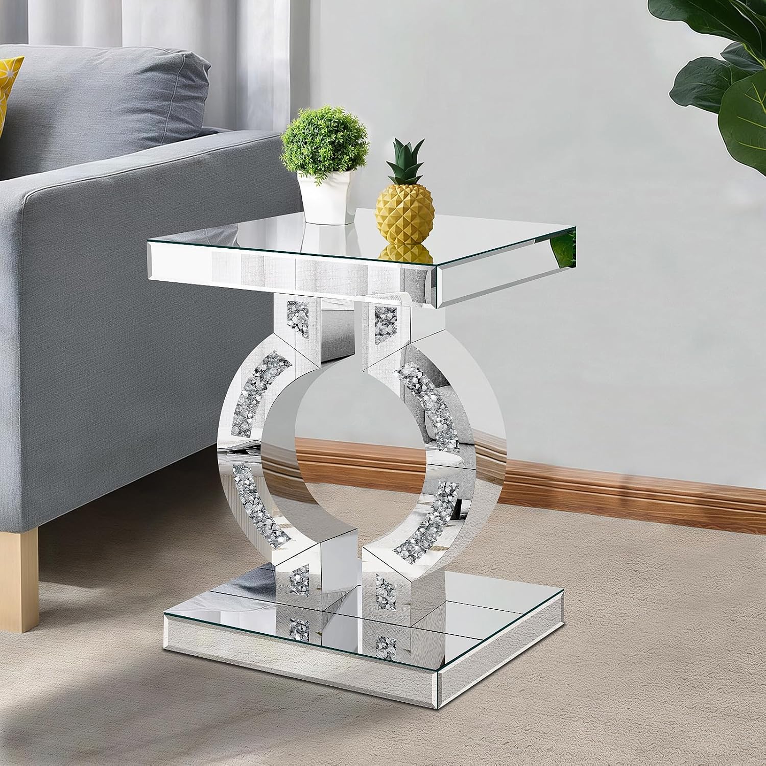 Crushed Diamond Mirrored End Table, Silver Side Accent Table, Small Mirrored Coffee Table for Living Room, Bedroom, 16"x12"x23"