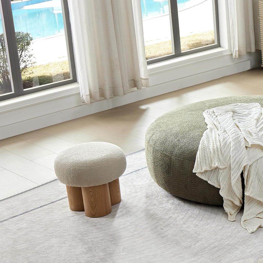 Small Mushroom Foot Stool, Teddy Fabric Ottoman with Non-Skid Legs, Modern Footrest for Under Desk, Sofa Couch, Shoe Changing Bench, Living Room, Bedroom, Office - Beige