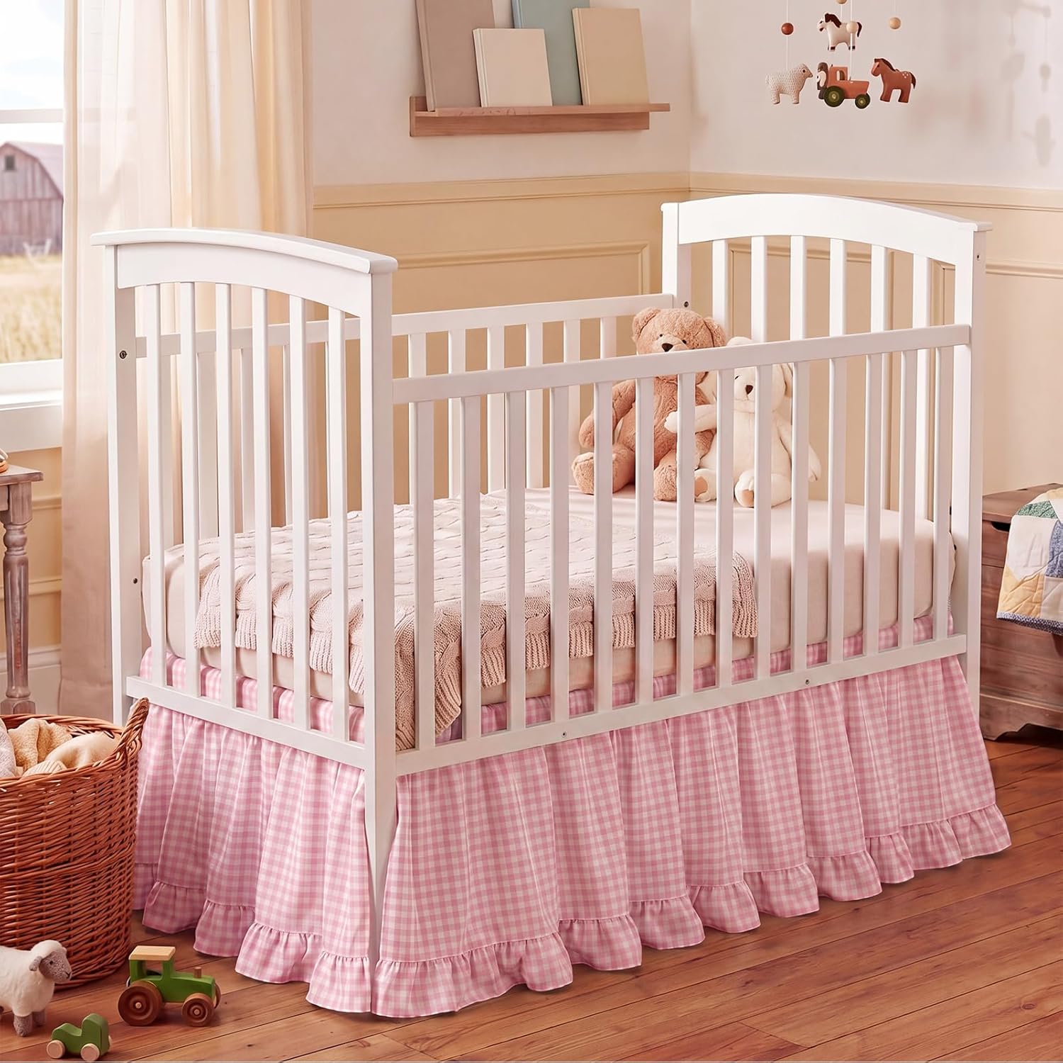 Gingham Crib Skirt Dust Ruffle 52 x 28 Inch 100% Washed Cotton Ruffle Plaid Baby Crib Bed Skirt Soft Farmhouse for Boys & Girls Nursery Bedding Decor, Fits Standard Cribs(Pink)