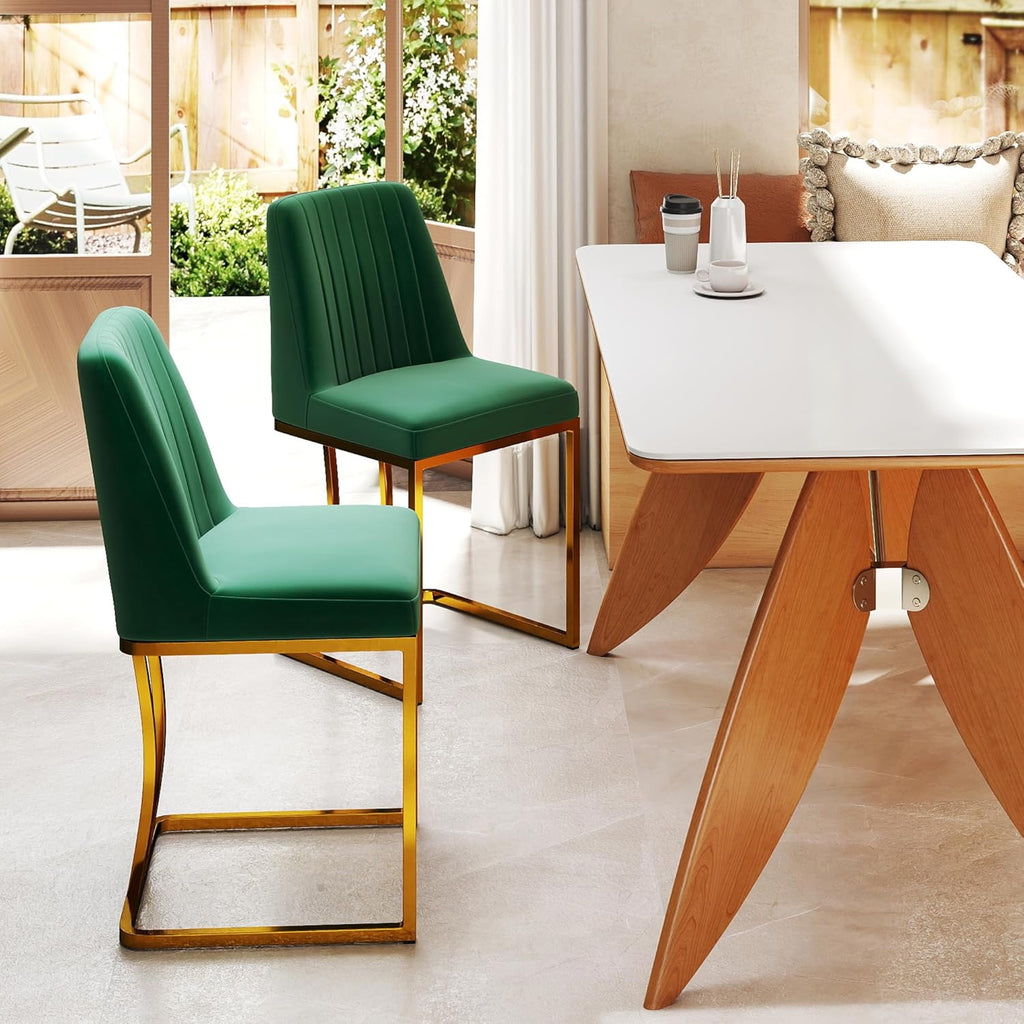 LSSBOUGHT Velvet Upholstered Dining Chairs Set of 6, Mid Century Modern Padded Chair with Gold Metal Frame for Restaurant,Dining Room,Kitchen (Green, 6PCS)