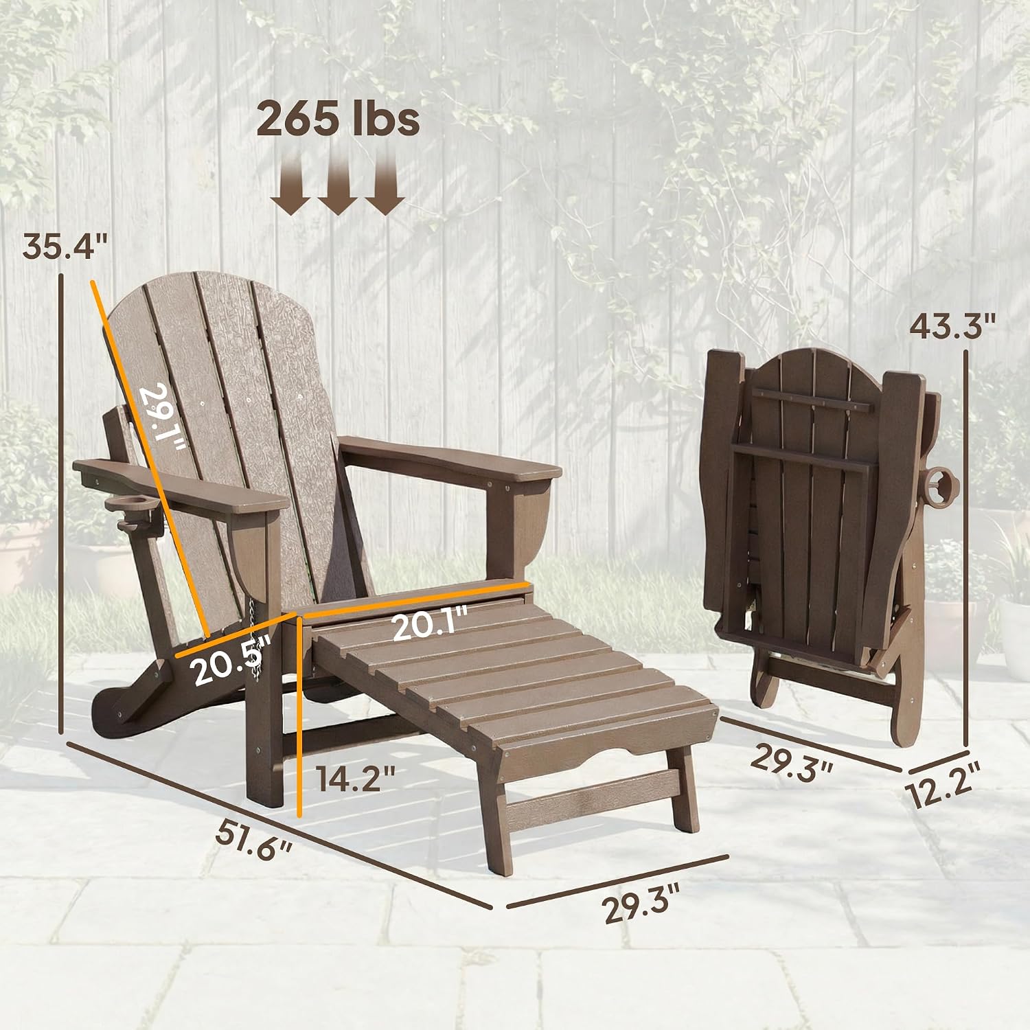 Outsunny Folding Adirondack Chair Set of 2, Outdoor HDPE Fire Pit Chair with Retractable Ottoman, Cup Holder and Large Seat for Deck, Garden, Backyard, Brown