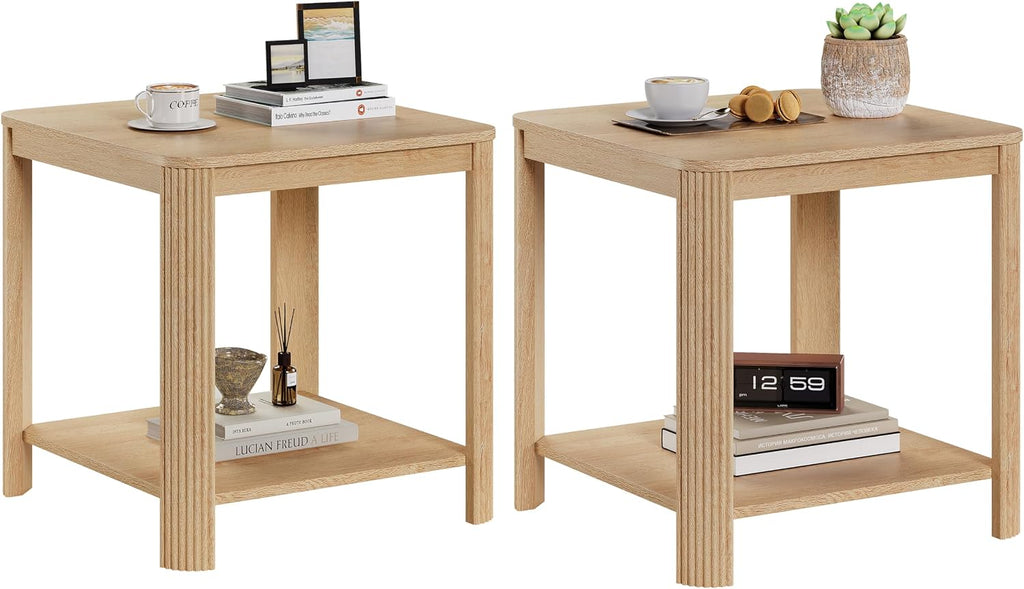 Rounded Corner End Tables Set of 2 – 22.1'' Square Nightstand with Vertical Wave Grain Legs, 2-Tier Boho Side Table for Living Room, Bedroom & Home Office (Oak)