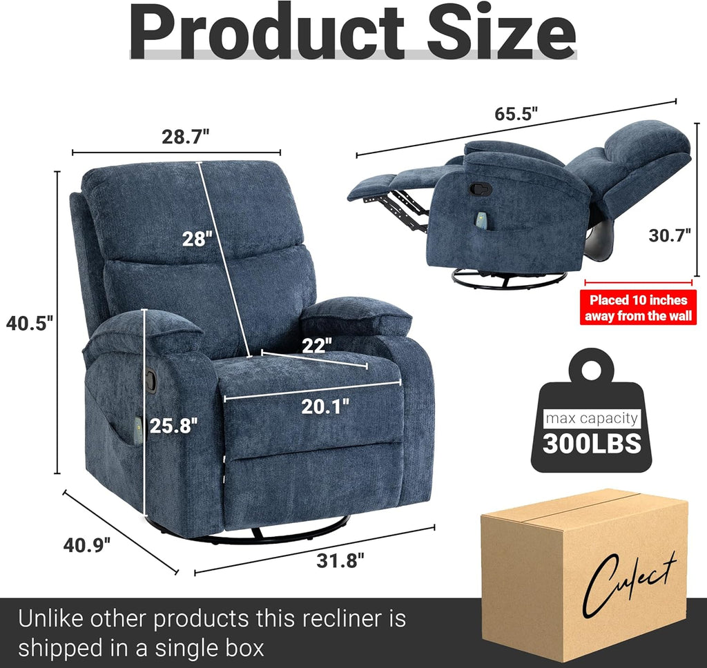 360° Swivel Rocking Recliner Chair, Massage Lazy Boy Recliner, Small Spaces Recliner for Living Room, Bedroom and Nursery, Navy Blue Chenille