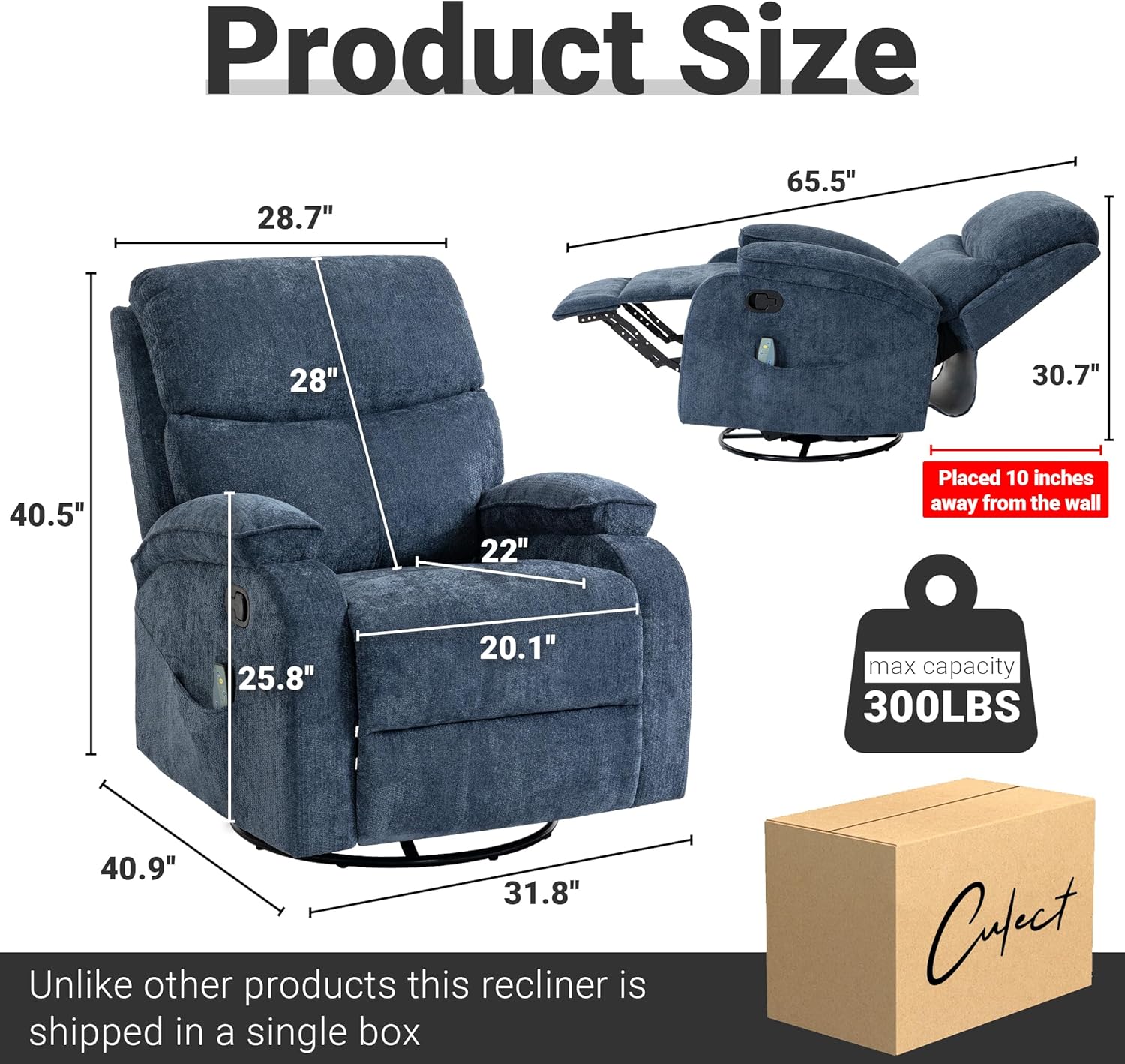 360° Swivel Rocking Recliner Chair, Massage Lazy Boy Recliner, Small Spaces Recliner for Living Room, Bedroom and Nursery, Navy Blue Chenille
