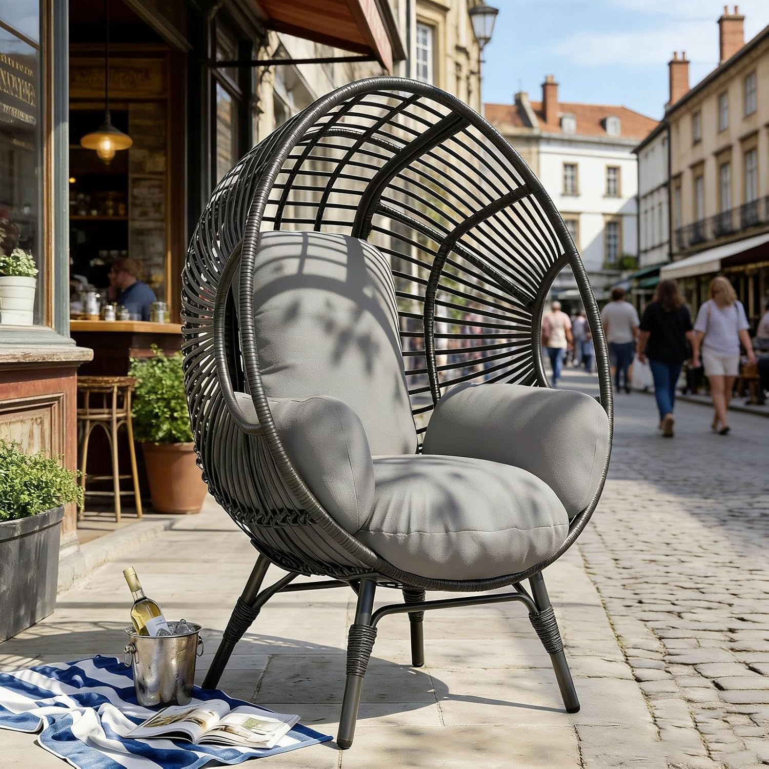 Egg Chair Wicker Balcony Chairs, 400lbs Capacity, Indoor Outdoor, 8-Inch Comfort Cushion(Black+Gray)