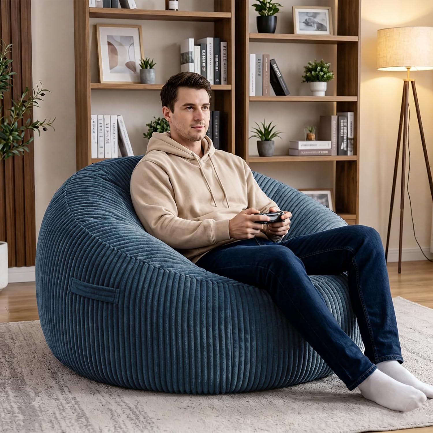 4FT Bean Bag Chairs for Adults, Large Memory Foam Beanbags with Machine-Washable Wide Stripe Plush Cover Bean Bag Chair for Living Room Bedroom Dorm Office- Dusty Blue