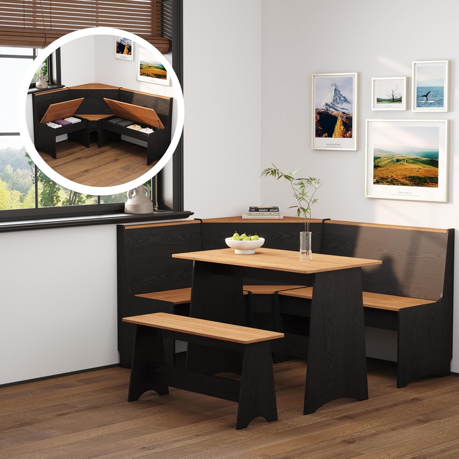 Farmhouse Breakfast Nook Table Set, Dining Nook Set with Corner Bench,with Storage Function Mid Century Modern Small Dining Table Set, Kitchen Table Corner Set (Black + Natural)