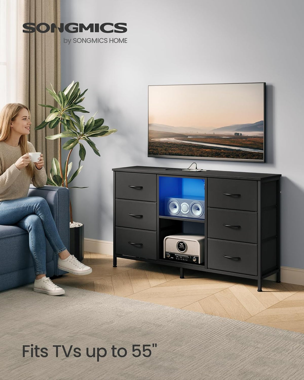 SONGMICS BELLAH Collection - TV Stand for TVs Up to 55 Inches, Dresser for Bedroom, Living Room, Chest of Drawers, Steel, 6 Drawers and 2 Shelves, Modern, Ink Black ULGS032B101S