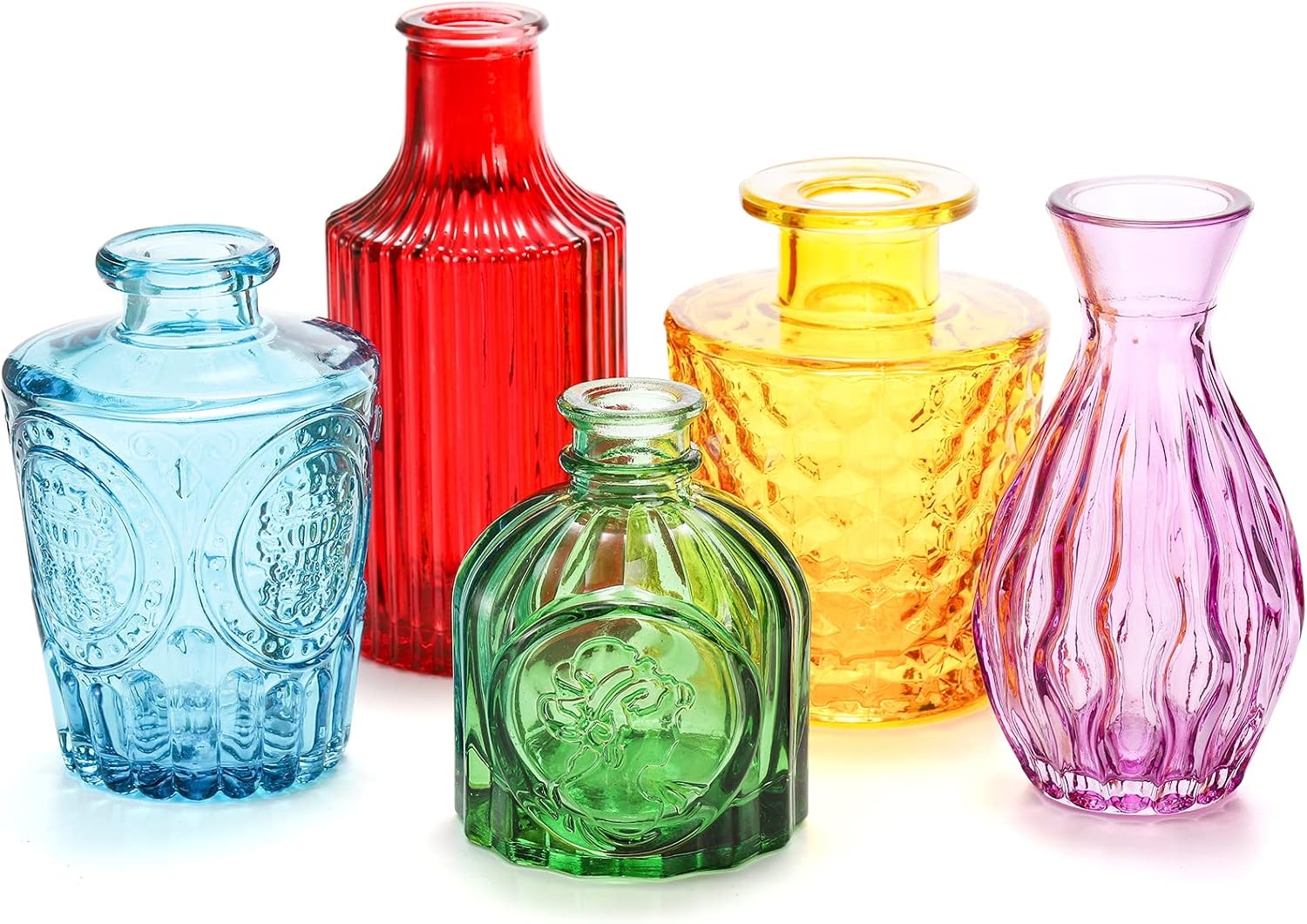 Coloch Set of 10 Colored Bud Vases, Assorted Small Glass Flower Vases Vintage Carved Floral Vase Single Bud Vase in Bulk for Centerpieces, Parties, Wedding Decoration, Office, Home