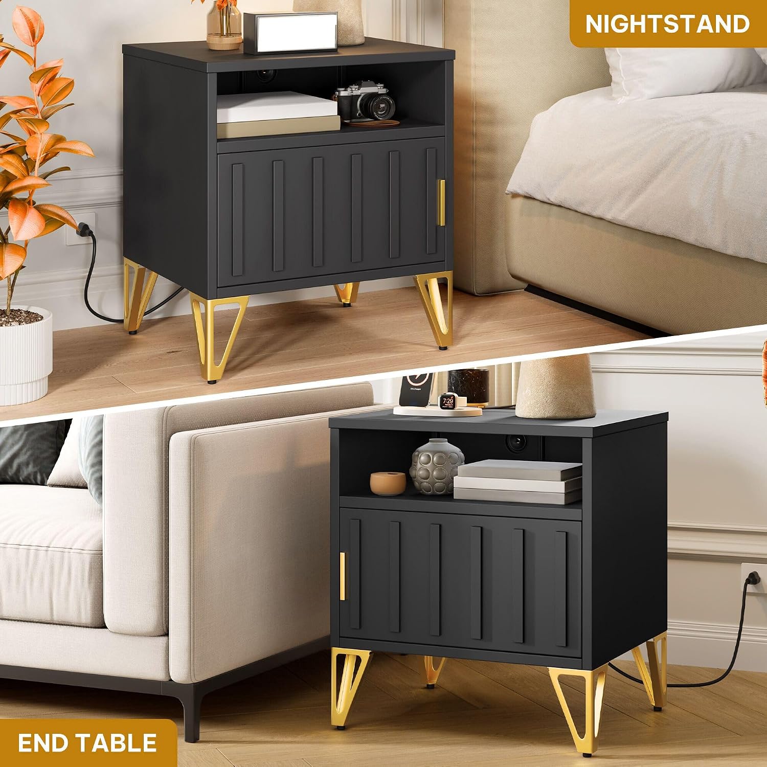DWVO Nightstand with Charging Station, Metal Night Stand Set 2, Small Bedside End Tables, Modern Side Tables, Night Stand, Set of 2, Black