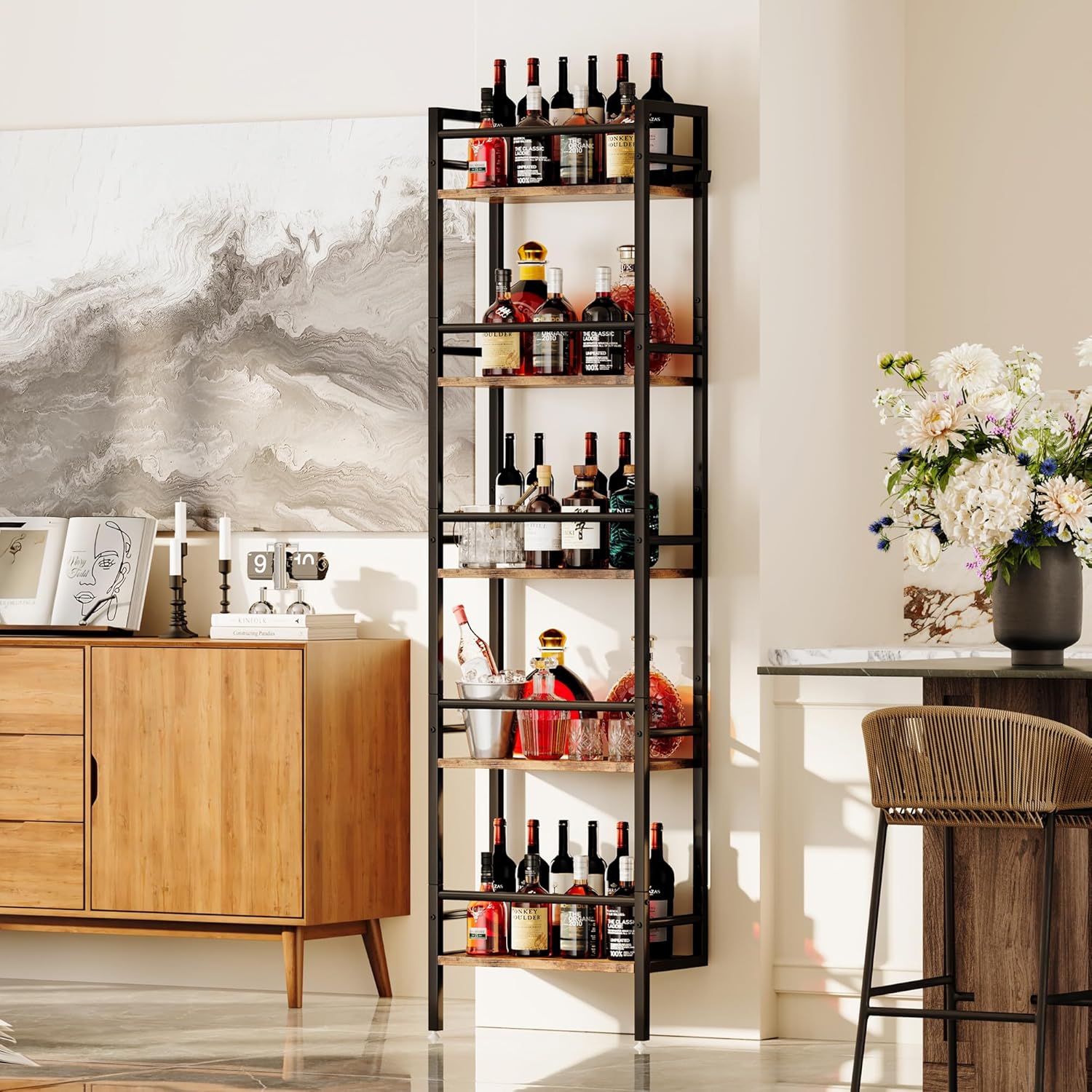 Homeiju 5-Tier Freestanding Wine Rack, 60 Bottles Wine Racks for Wall Mounted, Wines Bottle Holder Display Shelf with Fences, Liquor Storage for Kitchen, Dining Room, Bar (Rustic Brown)
