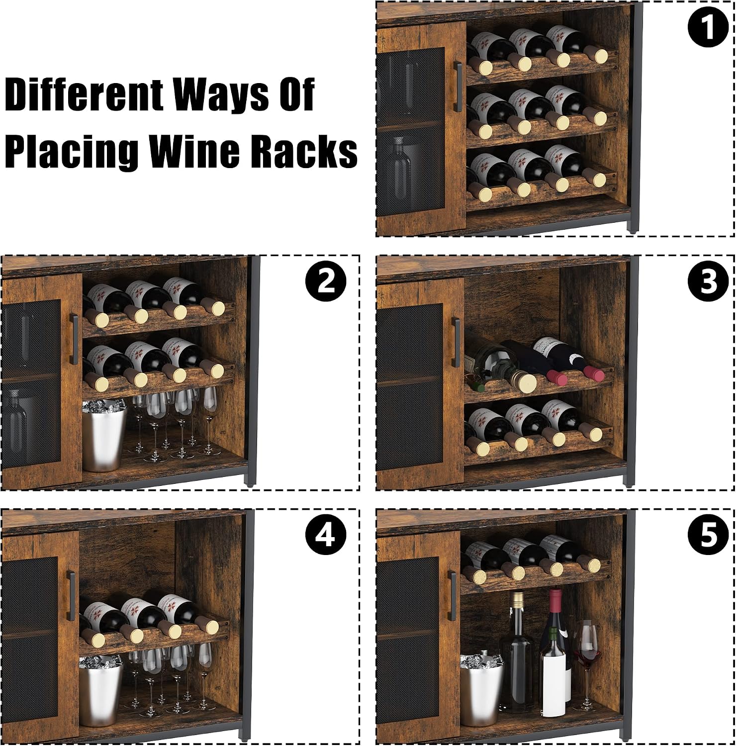 IDEALHOUSE 3-Tier Wine Bar Cabinet with Detachable Wine Rack and Storage Space, Buffet Cabinet with Glass Holder and Mesh Door, for Kitchen, Living Room and Bar (Rustic Brown)