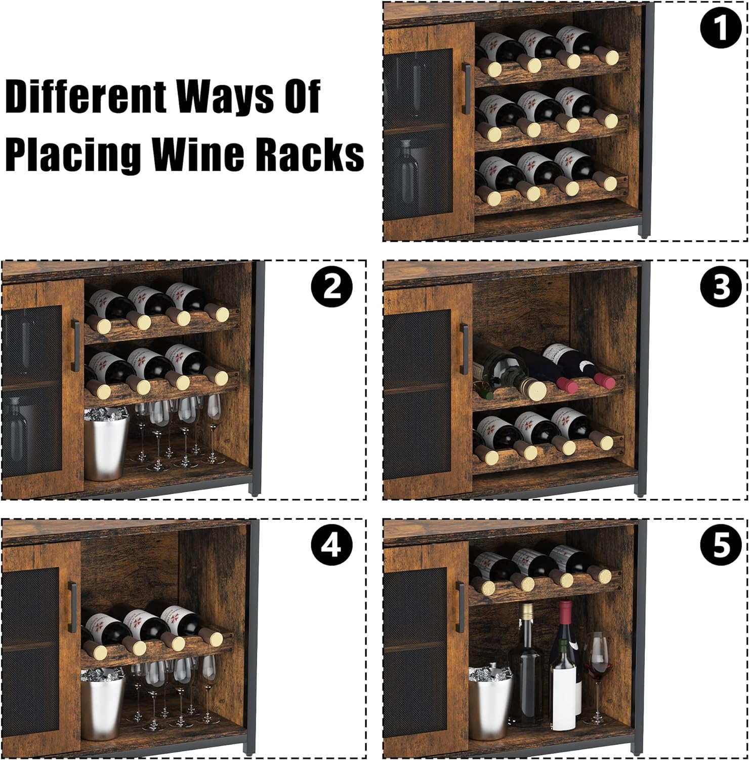 Amyove Wine Bar Cabinet with Detachable Wine Rack, Bar Rack with Glass Holder, Small Sideboard and Buffet Cabinet with Mesh Door, Rustic Brown