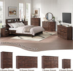 Walnut Night Stand with Charging Station, Farmhouse Bedside Table & End Table with 3 Drawers and Unique Base Design, Wood Nightstand with Metal Handles for Bedroom, Living Room