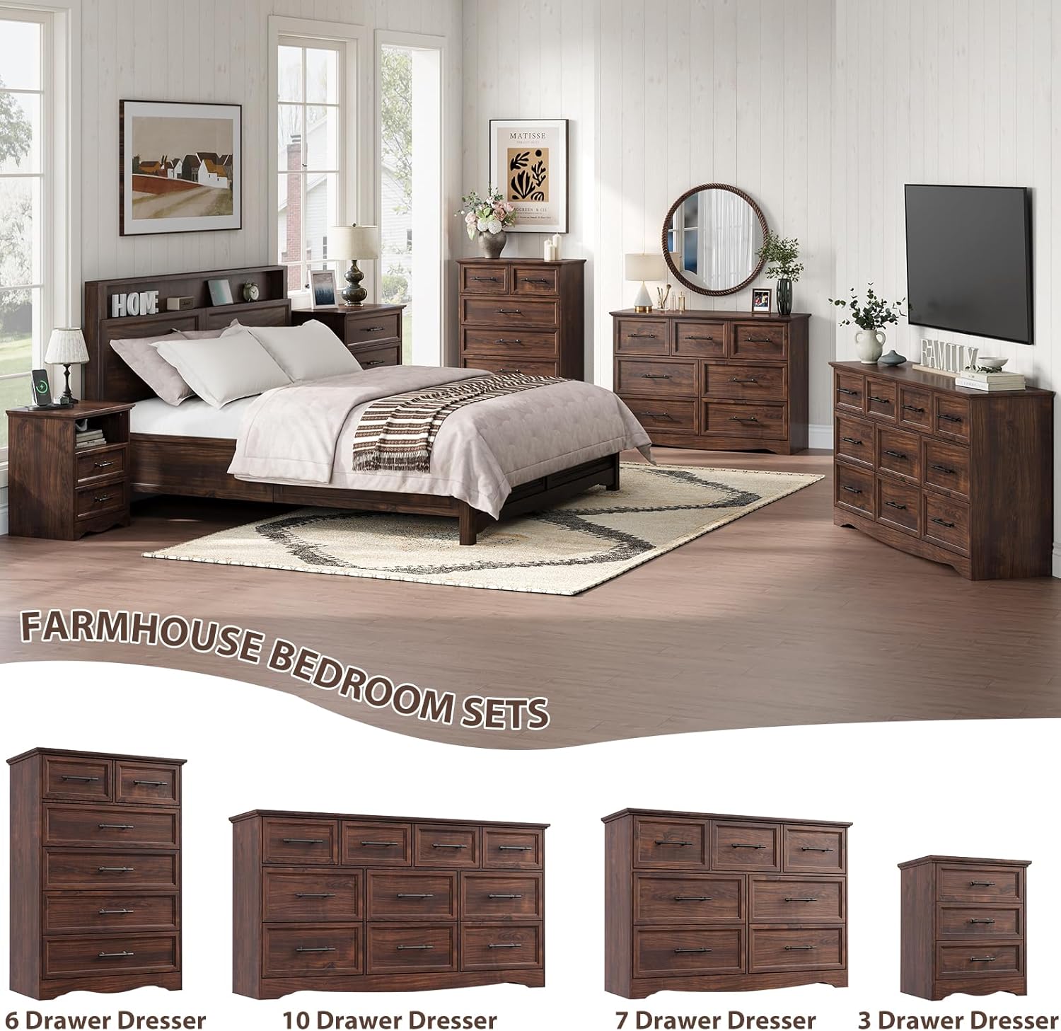 Walnut Night Stand with Charging Station, Farmhouse Bedside Table & End Table with 3 Drawers and Unique Base Design, Wood Nightstand with Metal Handles for Bedroom, Living Room