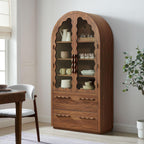 Modway Rory 76 Inch Arched Kitchen Pantry Cabinet with Glass Doors in Walnut - Vintage Retro Accent Display Stand for Dining Room, Living Room, Hallway