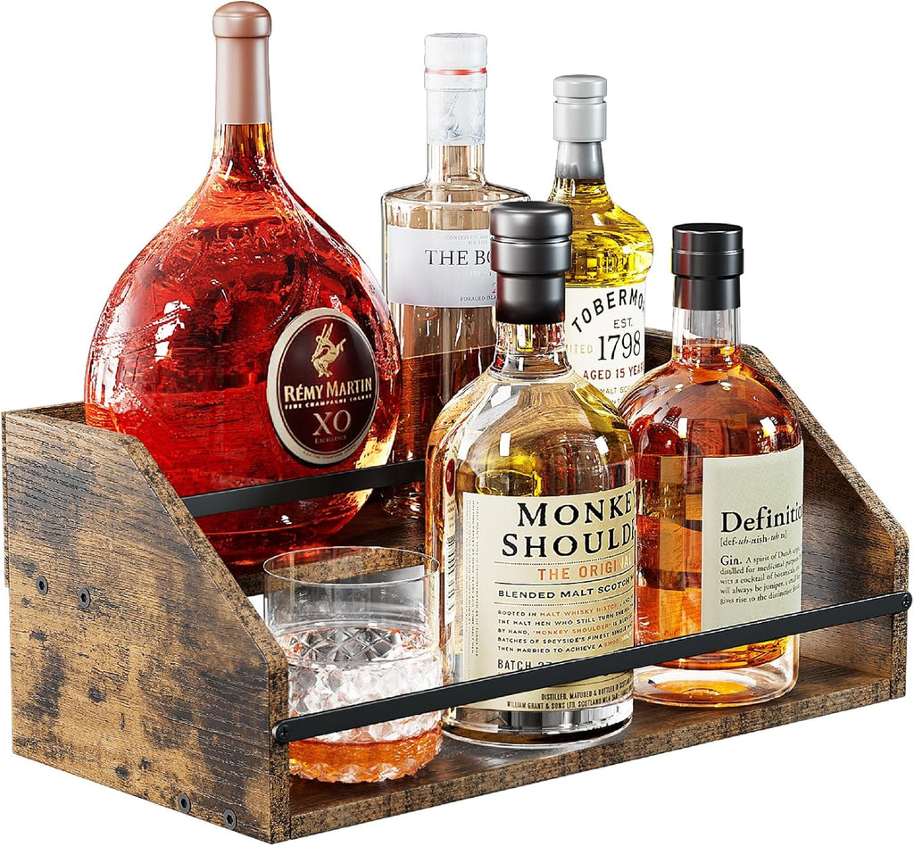 Nuovoware Liquor Bottle Display Shelf, Coffee Syrup Organizer, 2 Step Countertop Liquor Wine Rack, Home Retro Shelf Stand for Mini Bar, Cabinet, Bar Essentials for Whiskey, Spirits, Dark Wood
