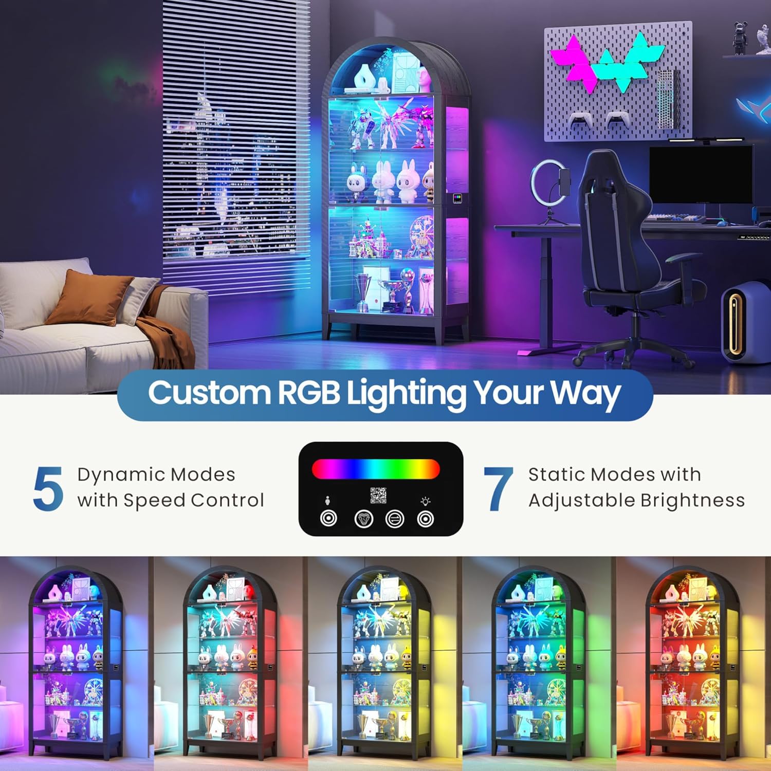 WOOVIVS Glass Display Cabinet with RGB Lights, 69" Tall Curio Cabinet with Rebound Tempered Glass Door, 5-Tier Adjustable Display Case for Living Room (Black)
