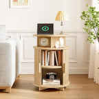 RALGEND Round Fluted End Tables, Round End Table with Charging Station, Fluted Sofa Side Table with Sliding Tambour Door and Storage, Mid-Century Nightstand for Living Room, Bedroom, Natural