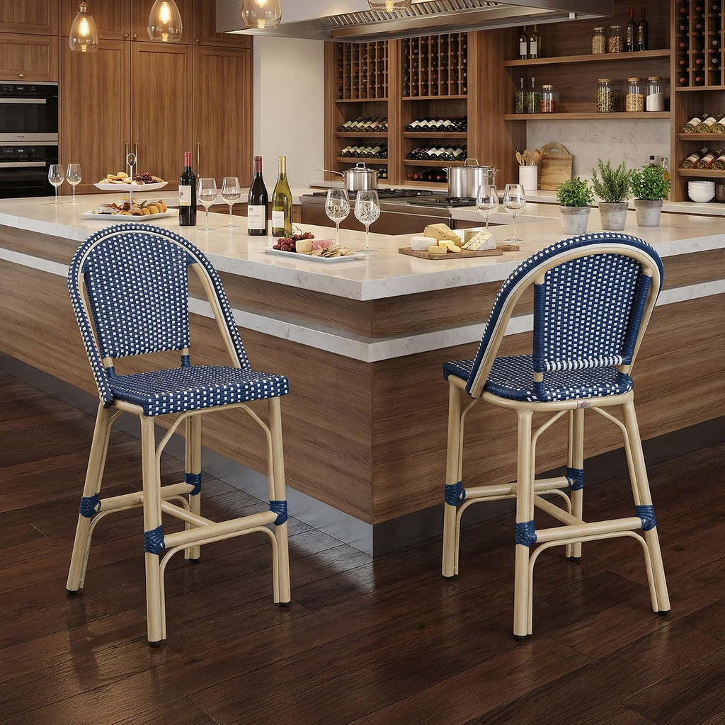 PURPLE LEAF Patio French Counter Height Stool Set of 2 Outdoor Backrest Barstools Aluminum Frame in Champagne Finish Woven Rattan for Indoor Kitchen Garden Balcony Restaurant Navy Blue