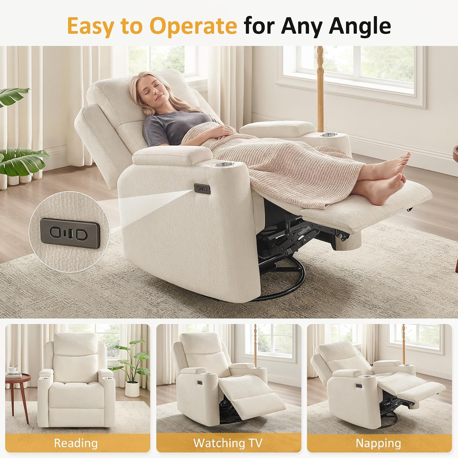 Oversized Nursery Glider Rocking Chair, 270° Swivel Glider Recliner Chair with USB & Type-C Ports, Cup Holders & Armrest Storage, Soft Chenille Nursery Chair for Living Room, Bedroom