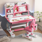 Kids Desk and Chair Set - Adjustable Height Small Desks, Widened Desktop, Kids Study Desk with Drawer & Multi Separation Cartoon Pattern, Small Standing Desks Pink
