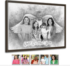 Custom Pencil Drawing from Photos – Charcoal Style Portrait – Merge Family Photos, Add Passed Loved One – Memorial Gift with Angel Wings – Personalized Canvas from Picture – In Memory of Mom