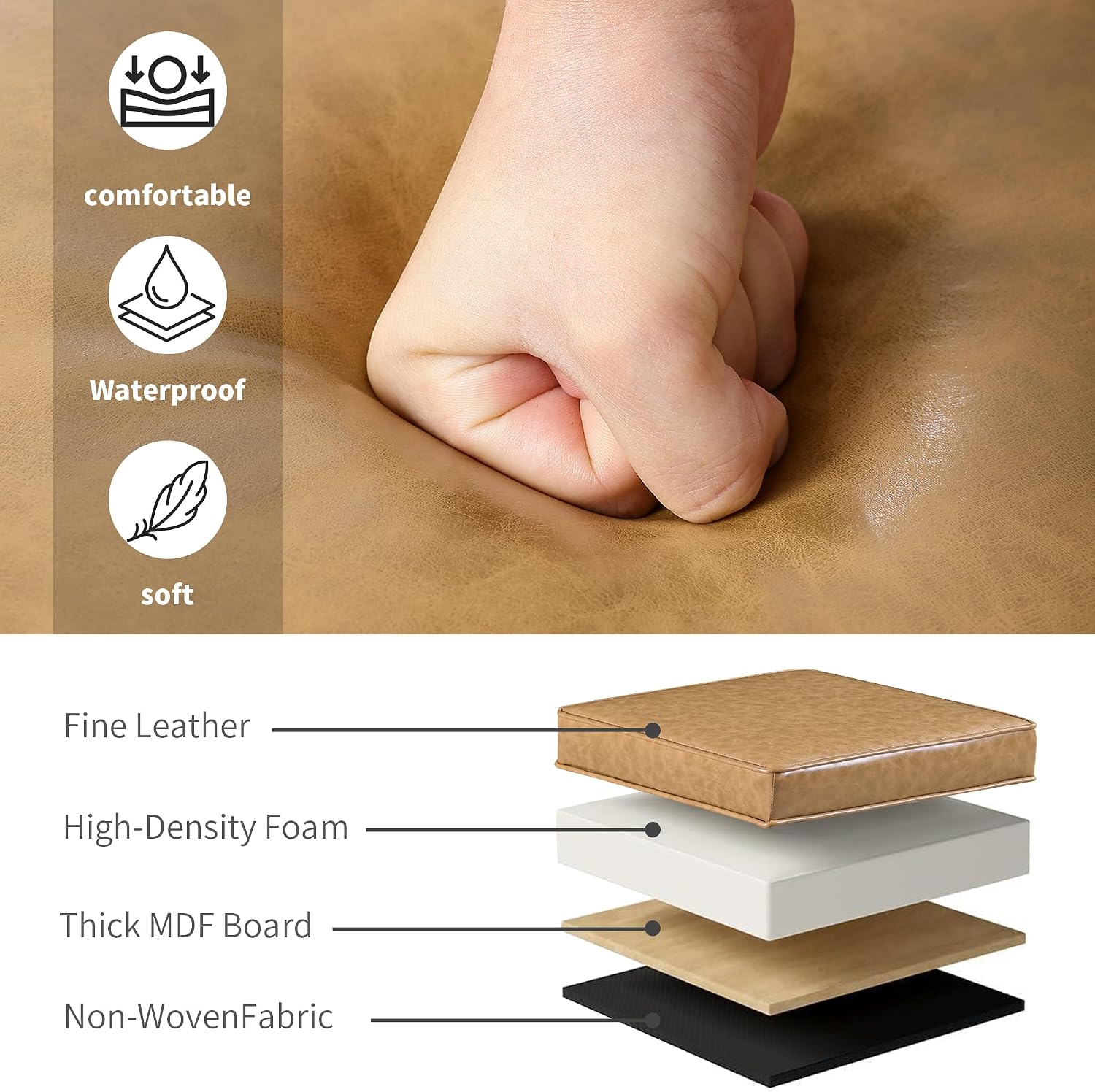 17” Faux Leather Storage Ottoman with Wooden Legs, Upholstered Square Flip-Top Footrest, Extra Seat or Coffee Table for Living Room, Bedroom, Entryway, Light Brown