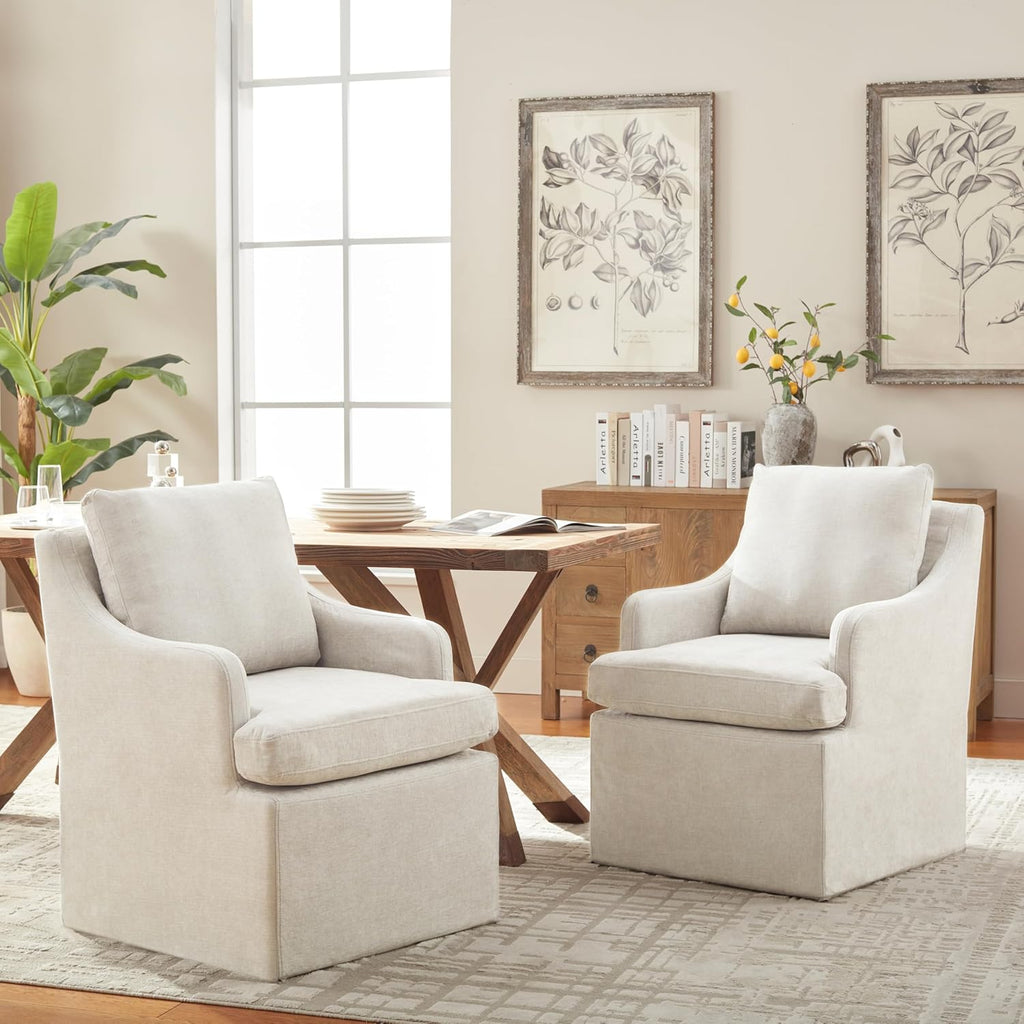 VKNOW Upholstered Dining Chairs Set of 6, Modern Kitchen Chairs Dinner Chairs with 4 Casters, Chenille Armchair for Bedroom Reading Room Living Room, Beige