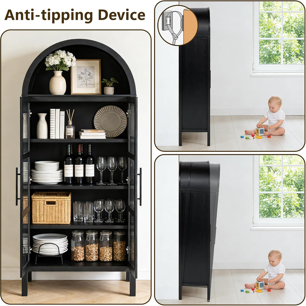 leovanni Arched Kitchen Pantry Cabinet with Tempered Glass Doors, 72" Tall Hutch Storage Cabinet with Adjustable Shelves, Glass Display Bookcase for Dining Room or Living Room, Black