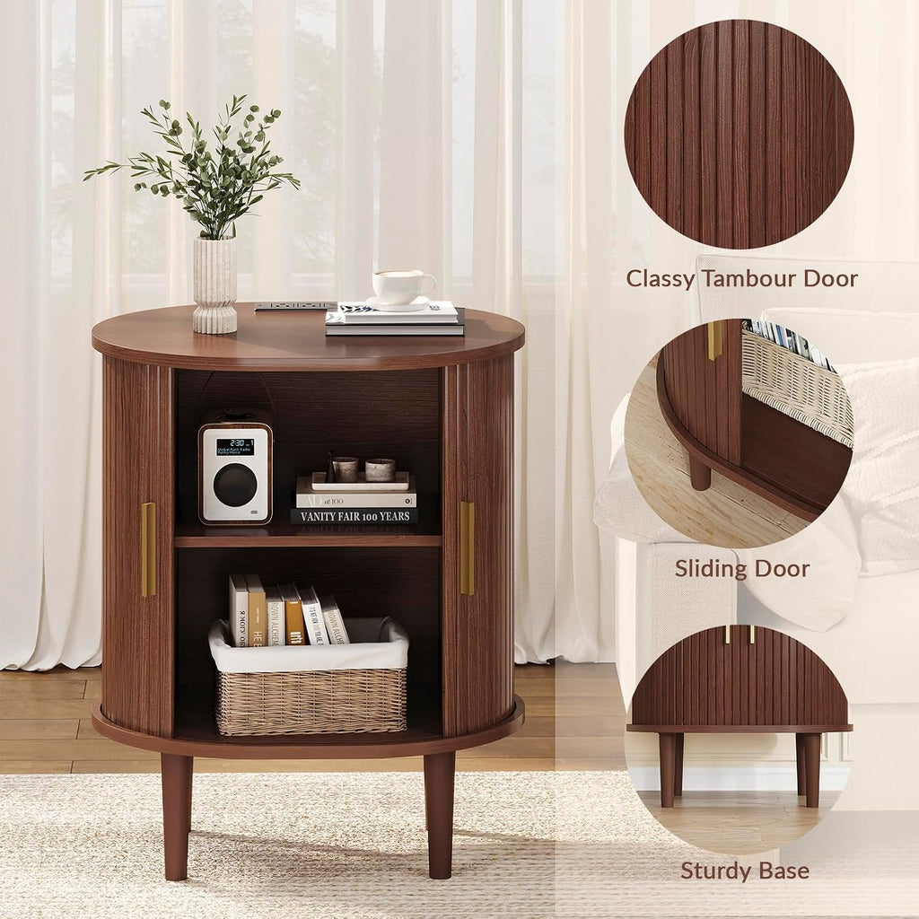 DHH Mid Century Modern Nightstand with Charging Station, Fluted Accent Side Table with Sliding Door & Adjustable Shelf, End Table for Small Space, Living Room, Bedroom,Sofa Couch (1, Walnut)