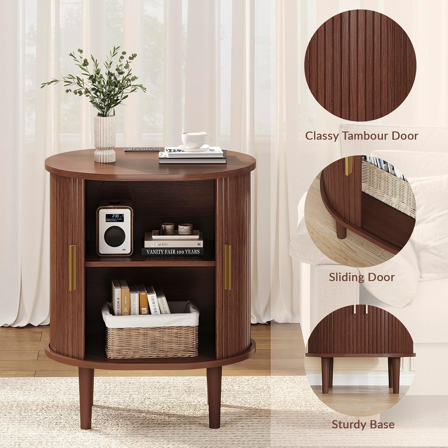 DHH Mid Century Modern Nightstand with Charging Station, Fluted Accent Side Table with Sliding Door & Adjustable Shelf, End Table for Small Space, Living Room, Bedroom,Sofa Couch (1, Walnut)