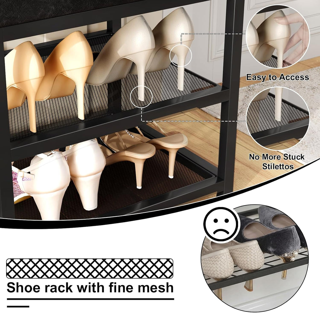 Small Shoe Storage Bench with PU Leather Seat Cushion, 3-Tier Freestanding Shoe Rack Organizer for Entryway, Heavy-Duty Metal Mesh Shelves, Supports Up to 300 lbs, Black (15.7"x11.4"x17.5")