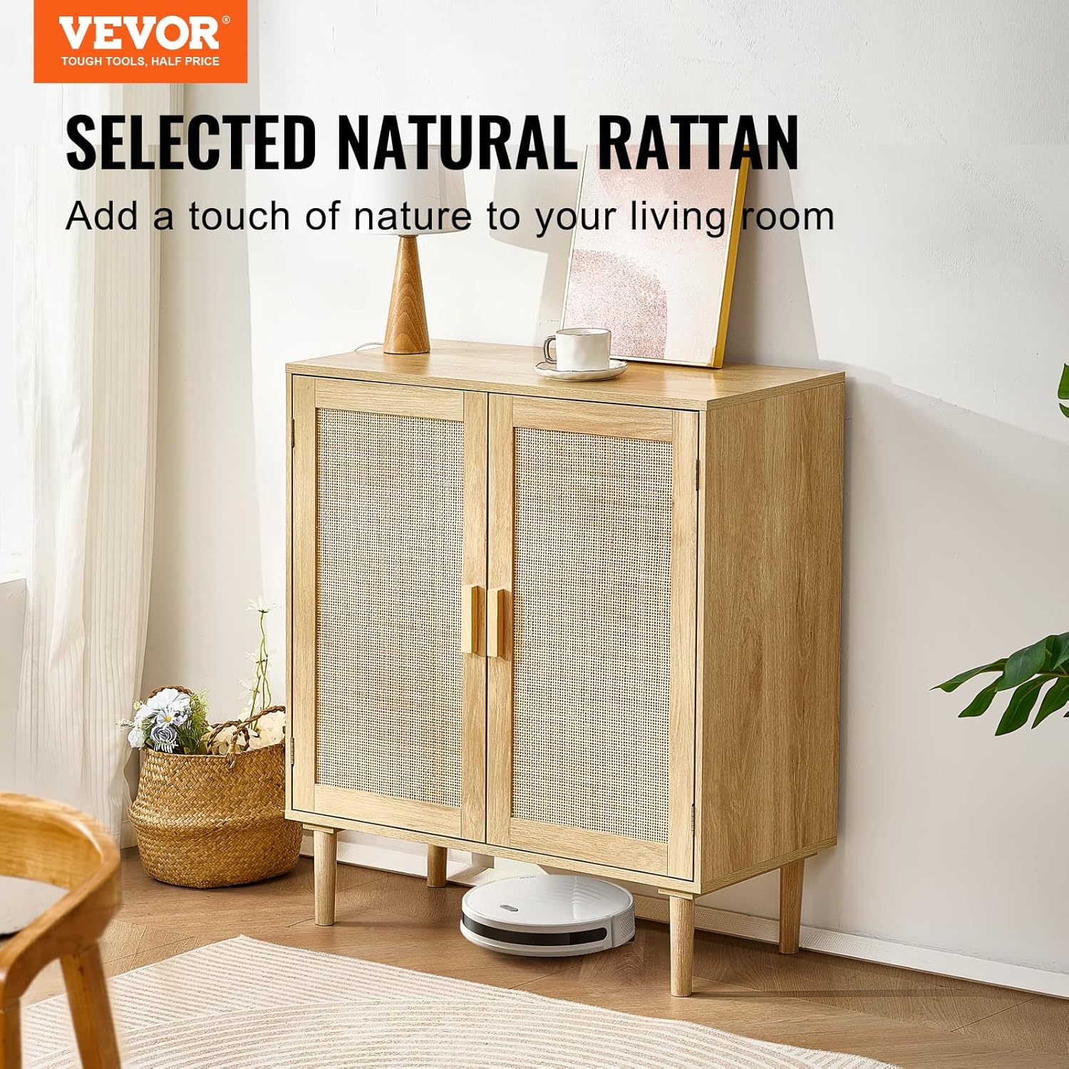 VEVOR Sideboard Cabinet, Buffet Cabinet with 2 Magnetic Doors and Adjustable Shelves, Sideboard Buffet for Hallway, Entryway, Living Room, or Kitchen, Natural