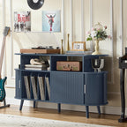 LELELINKY Large Round Record Player Stand with Charging Station & Fluted Panel, Blue Mid Century Modern Turntable Cabinet with Vinyl Storage, Arched Wood Record Player Table for Living Room