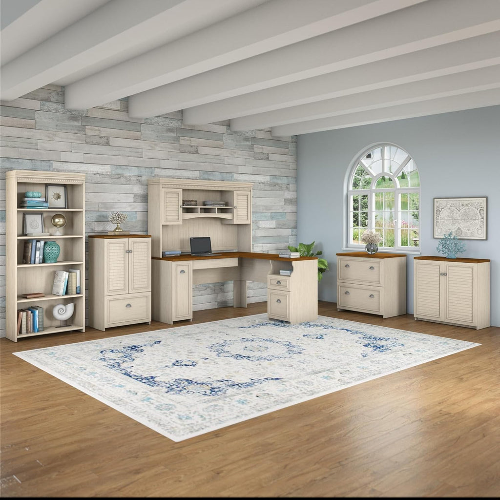 Bush Home Fairview 60W Hutch for L Shaped Desk in Antique White, Attachment with Shelves and Cabinets for Home Office